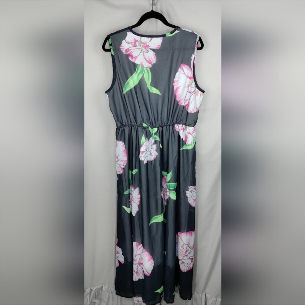 Women’s V-Neck Sleeveless Maxi Dress Blue Pink Floral - Picture 5 of 9